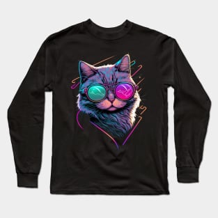 Synthwave/Retrowave neon CAT with Glasses Long Sleeve T-Shirt